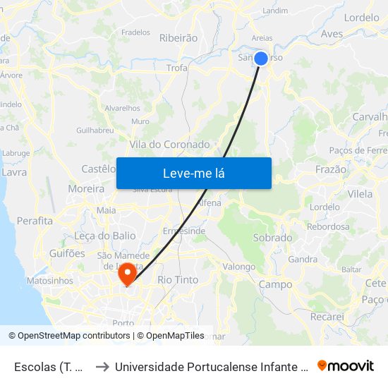 Escolas (T. Pelayo) to Universidade Portucalense Infante Dom Henrique map