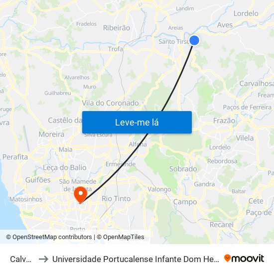 Calvelo to Universidade Portucalense Infante Dom Henrique map