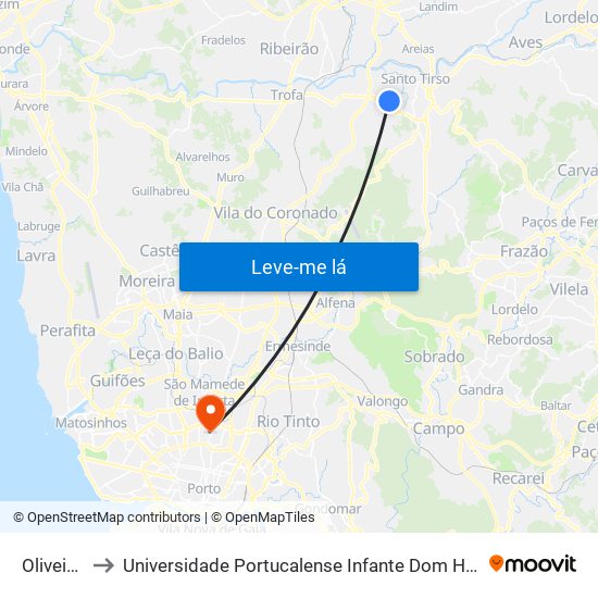 Oliveiras to Universidade Portucalense Infante Dom Henrique map