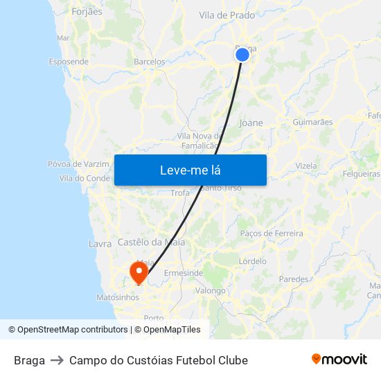 Braga to Campo do Custóias Futebol Clube map