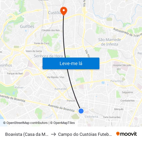 Boavista (Casa da Música) to Campo do Custóias Futebol Clube map