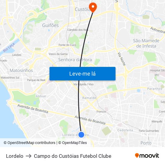 Lordelo to Campo do Custóias Futebol Clube map