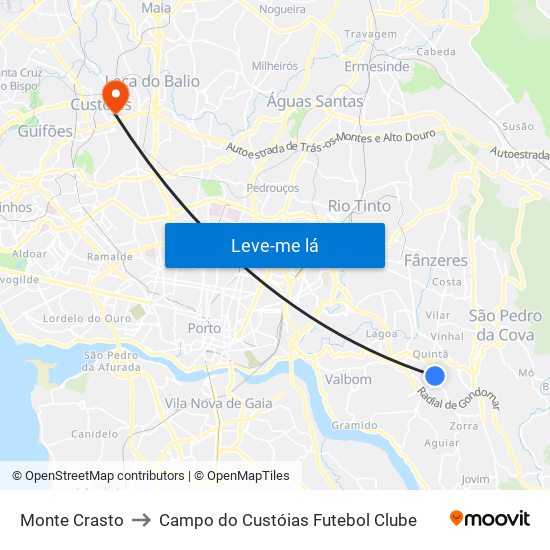 Monte Crasto to Campo do Custóias Futebol Clube map