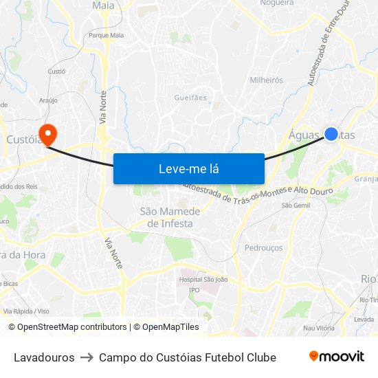 Lavadouros to Campo do Custóias Futebol Clube map