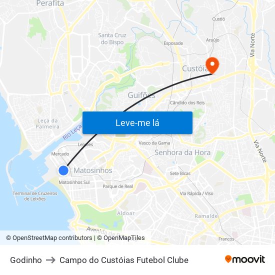 Godinho to Campo do Custóias Futebol Clube map