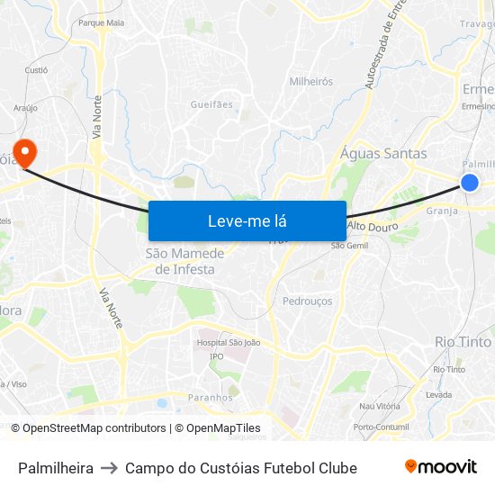 Palmilheira to Campo do Custóias Futebol Clube map