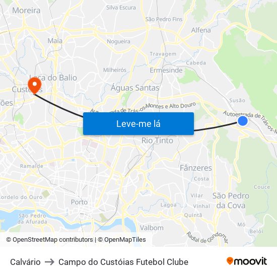 Calvário to Campo do Custóias Futebol Clube map