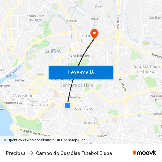 Preciosa to Campo do Custóias Futebol Clube map