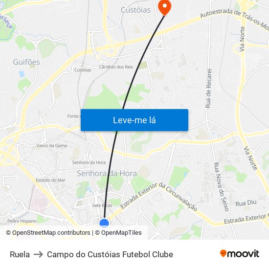 Ruela to Campo do Custóias Futebol Clube map