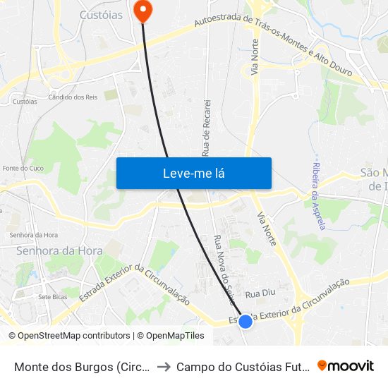 Monte dos Burgos (Circunvalação) to Campo do Custóias Futebol Clube map