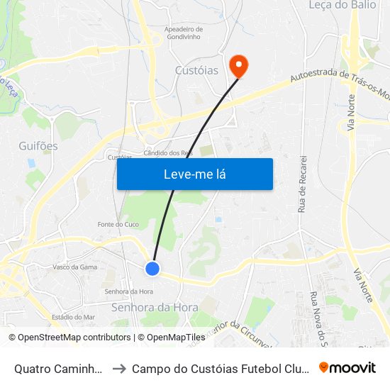 Quatro Caminhos to Campo do Custóias Futebol Clube map