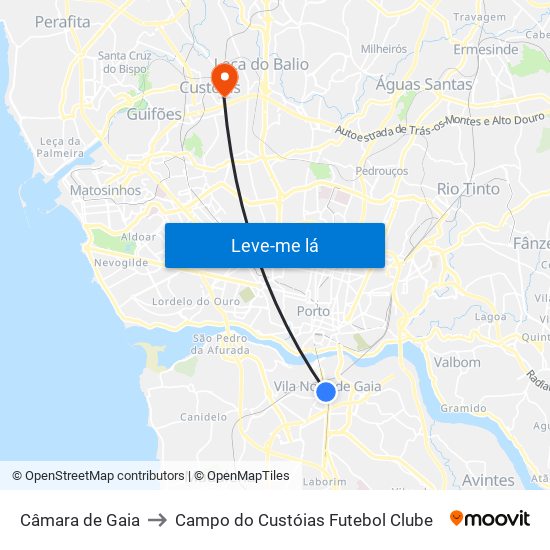 Câmara de Gaia to Campo do Custóias Futebol Clube map