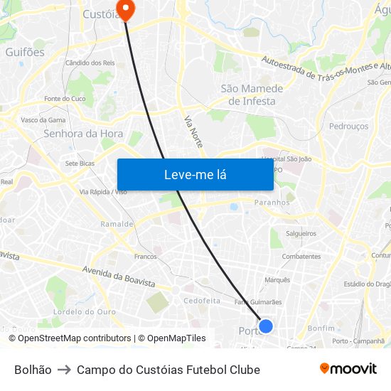 Bolhão to Campo do Custóias Futebol Clube map