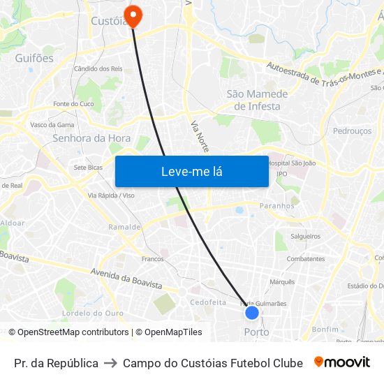 Pr. da República to Campo do Custóias Futebol Clube map
