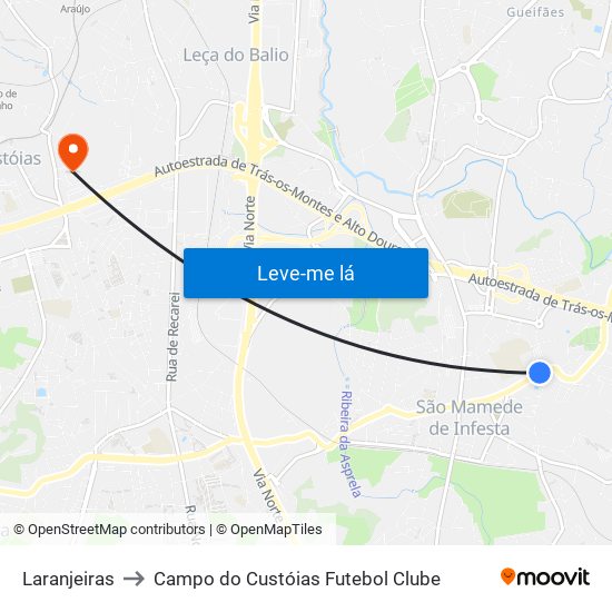 Laranjeiras to Campo do Custóias Futebol Clube map