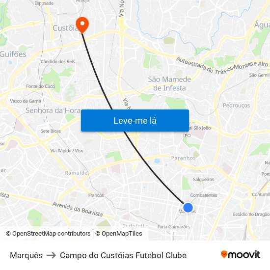 Marquês to Campo do Custóias Futebol Clube map