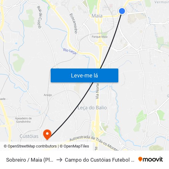 Sobreiro / Maia (Plaza) to Campo do Custóias Futebol Clube map