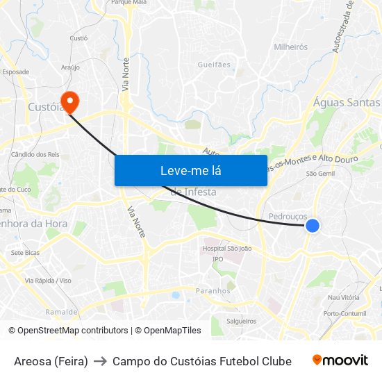 Areosa (Feira) to Campo do Custóias Futebol Clube map