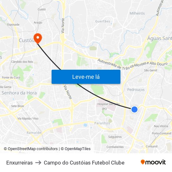Enxurreiras to Campo do Custóias Futebol Clube map