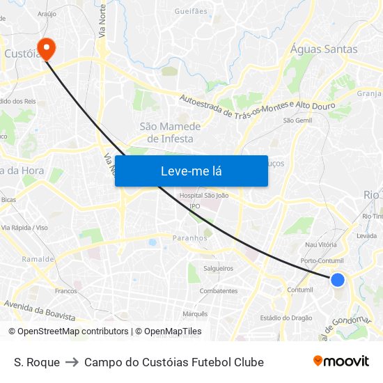 S. Roque to Campo do Custóias Futebol Clube map