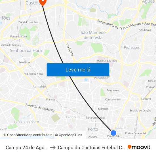Campo 24 de Agosto to Campo do Custóias Futebol Clube map