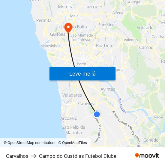 Carvalhos to Campo do Custóias Futebol Clube map