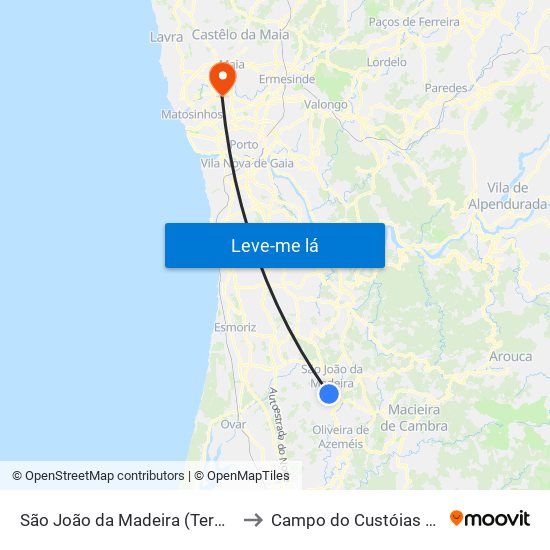 São João da Madeira (Terminal Rodoviário) to Campo do Custóias Futebol Clube map