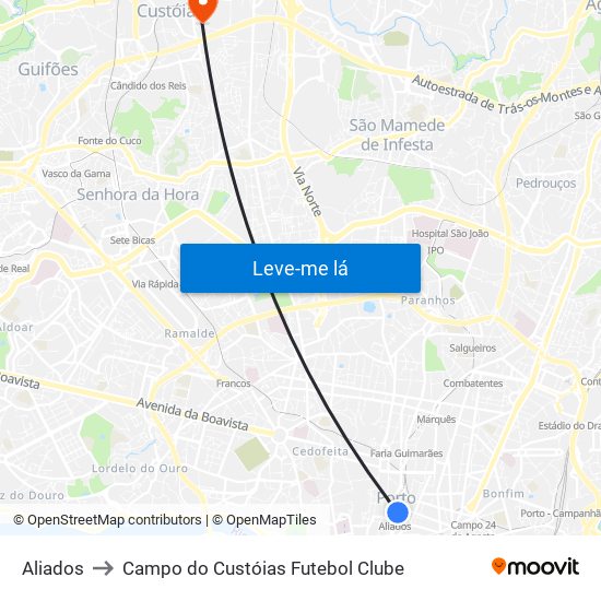 Aliados to Campo do Custóias Futebol Clube map