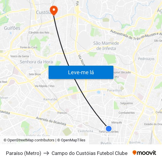 Paraíso (Metro) to Campo do Custóias Futebol Clube map