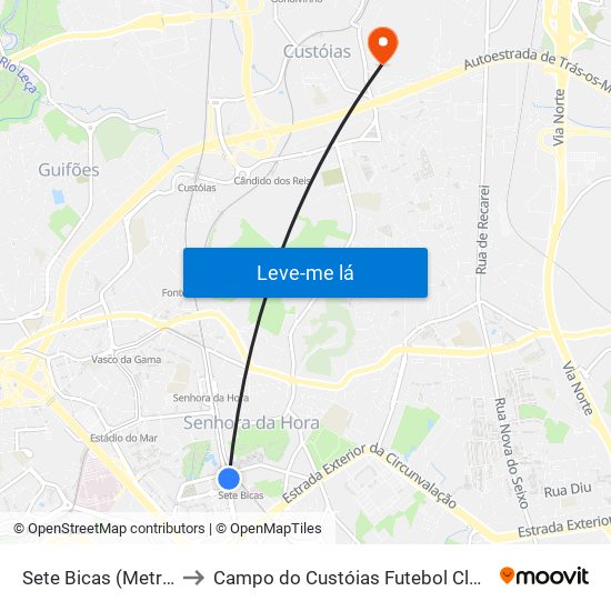 Sete Bicas (Metro) to Campo do Custóias Futebol Clube map