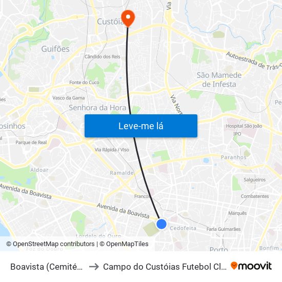 Boavista (Cemitério) to Campo do Custóias Futebol Clube map