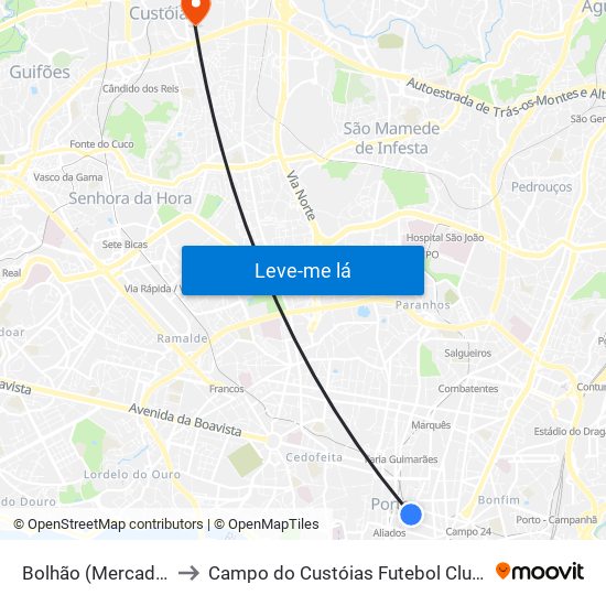 Bolhão (Mercado) to Campo do Custóias Futebol Clube map