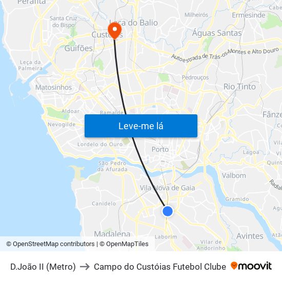 D.João II (Metro) to Campo do Custóias Futebol Clube map