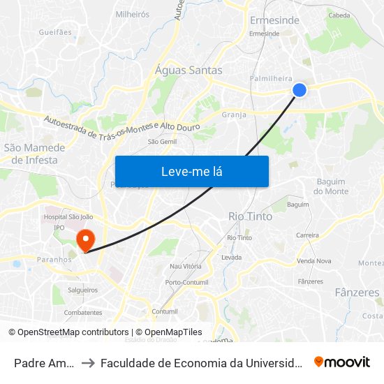 Padre Américo to Faculdade de Economia da Universidade do Porto map