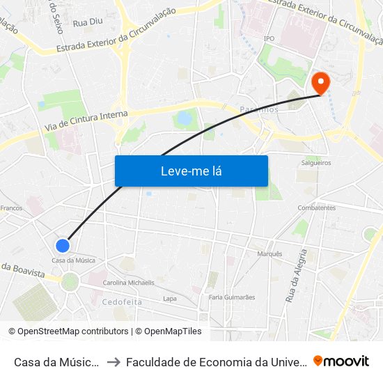 Casa da Música (Metro) to Faculdade de Economia da Universidade do Porto map