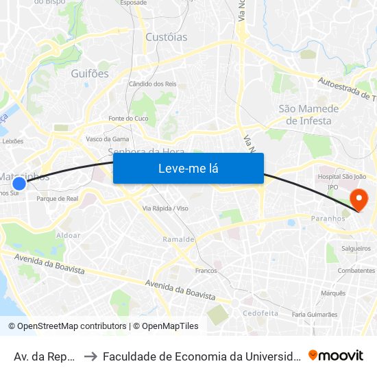 Av. da República to Faculdade de Economia da Universidade do Porto map