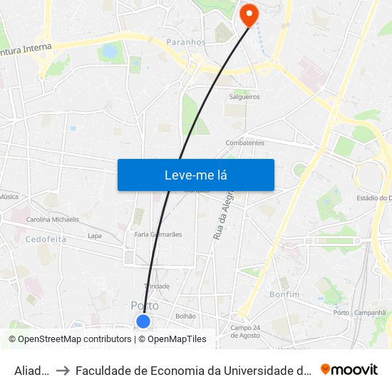 Aliados to Faculdade de Economia da Universidade do Porto map