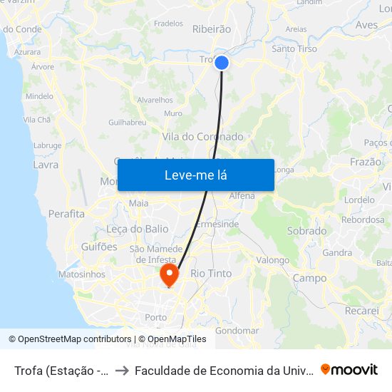 Trofa (Interface) to Faculdade de Economia da Universidade do Porto map