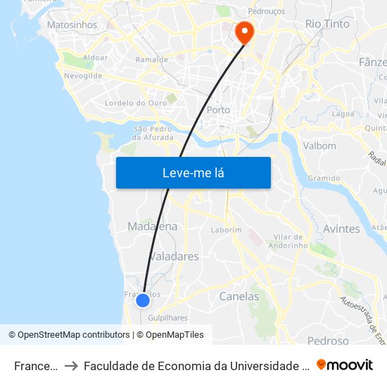 Francelos to Faculdade de Economia da Universidade do Porto map