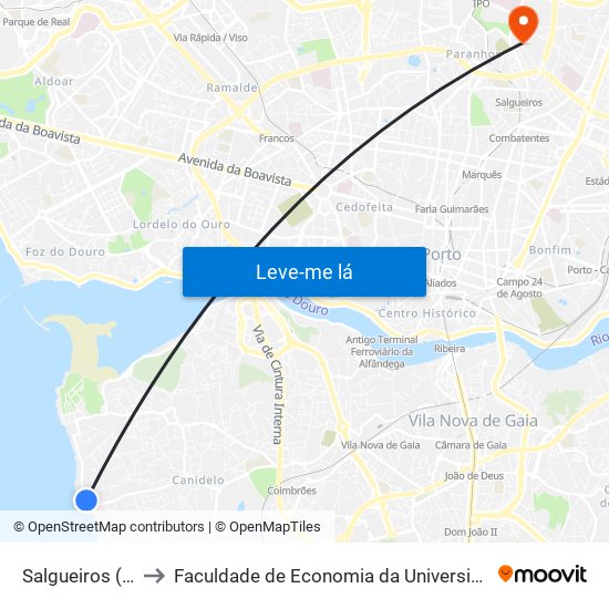 Salgueiros (Praia) to Faculdade de Economia da Universidade do Porto map