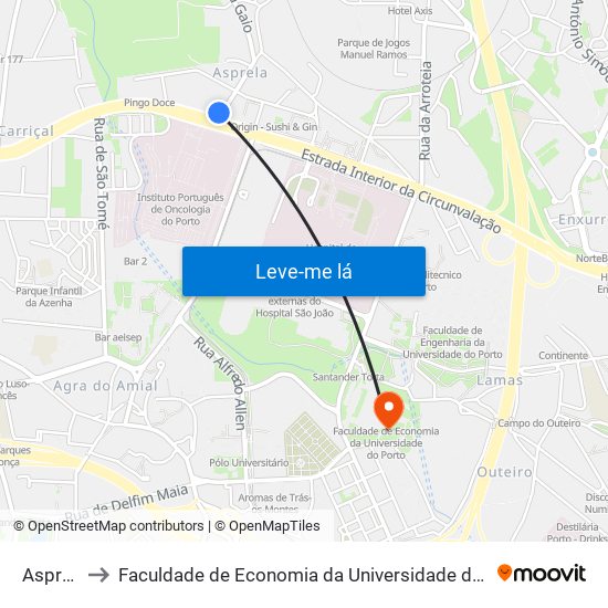 Asprela to Faculdade de Economia da Universidade do Porto map