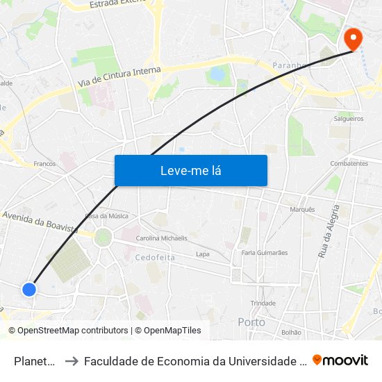 Planetário to Faculdade de Economia da Universidade do Porto map