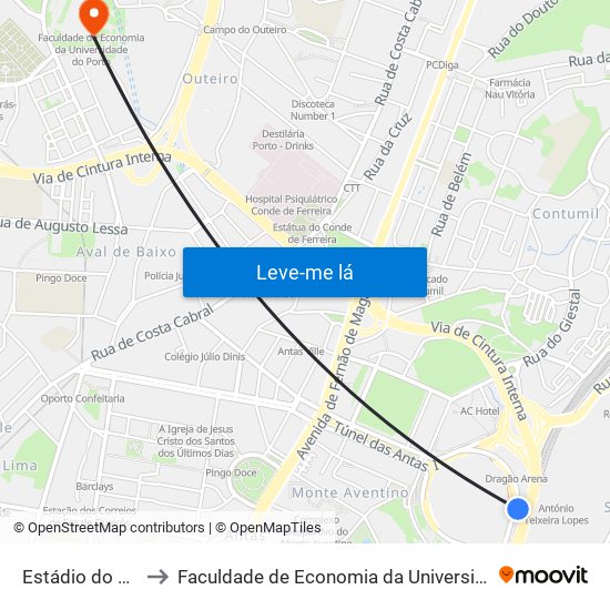 Estádio do Dragão to Faculdade de Economia da Universidade do Porto map