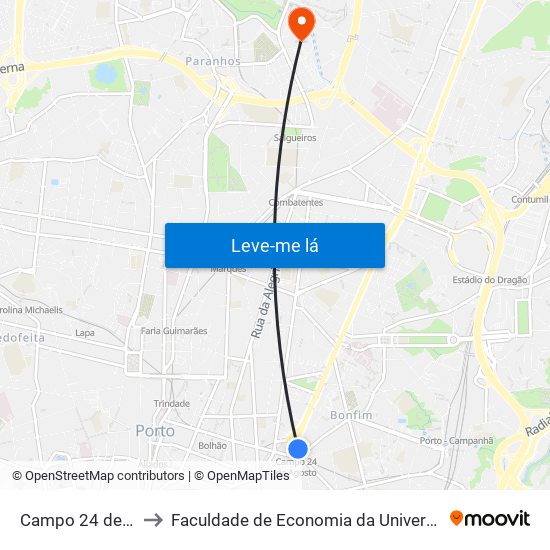 Campo 24 de Agosto to Faculdade de Economia da Universidade do Porto map