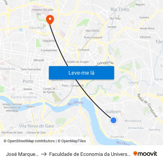 José Marques Pinto to Faculdade de Economia da Universidade do Porto map