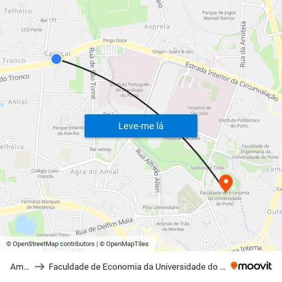 Amial to Faculdade de Economia da Universidade do Porto map
