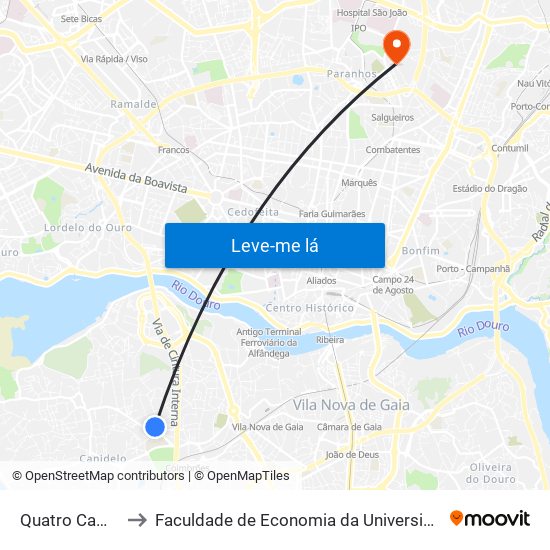 Quatro Caminhos to Faculdade de Economia da Universidade do Porto map