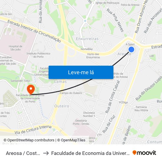 Areosa / Costa Cabral to Faculdade de Economia da Universidade do Porto map