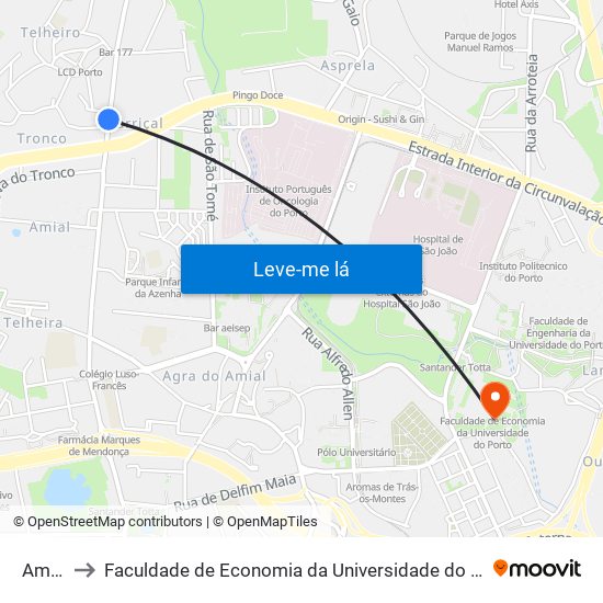 Amial to Faculdade de Economia da Universidade do Porto map