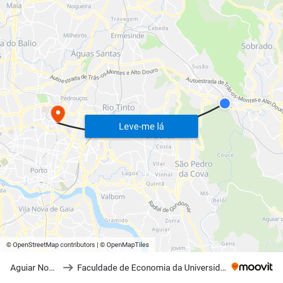 Aguiar Nogueira to Faculdade de Economia da Universidade do Porto map